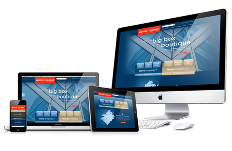 Responsive website layout shown across smartphone, tablet and desktop